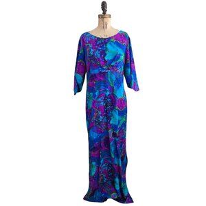 Vintage Hawaiian Togs Bark Cloth Maxi Dress Blue Purple